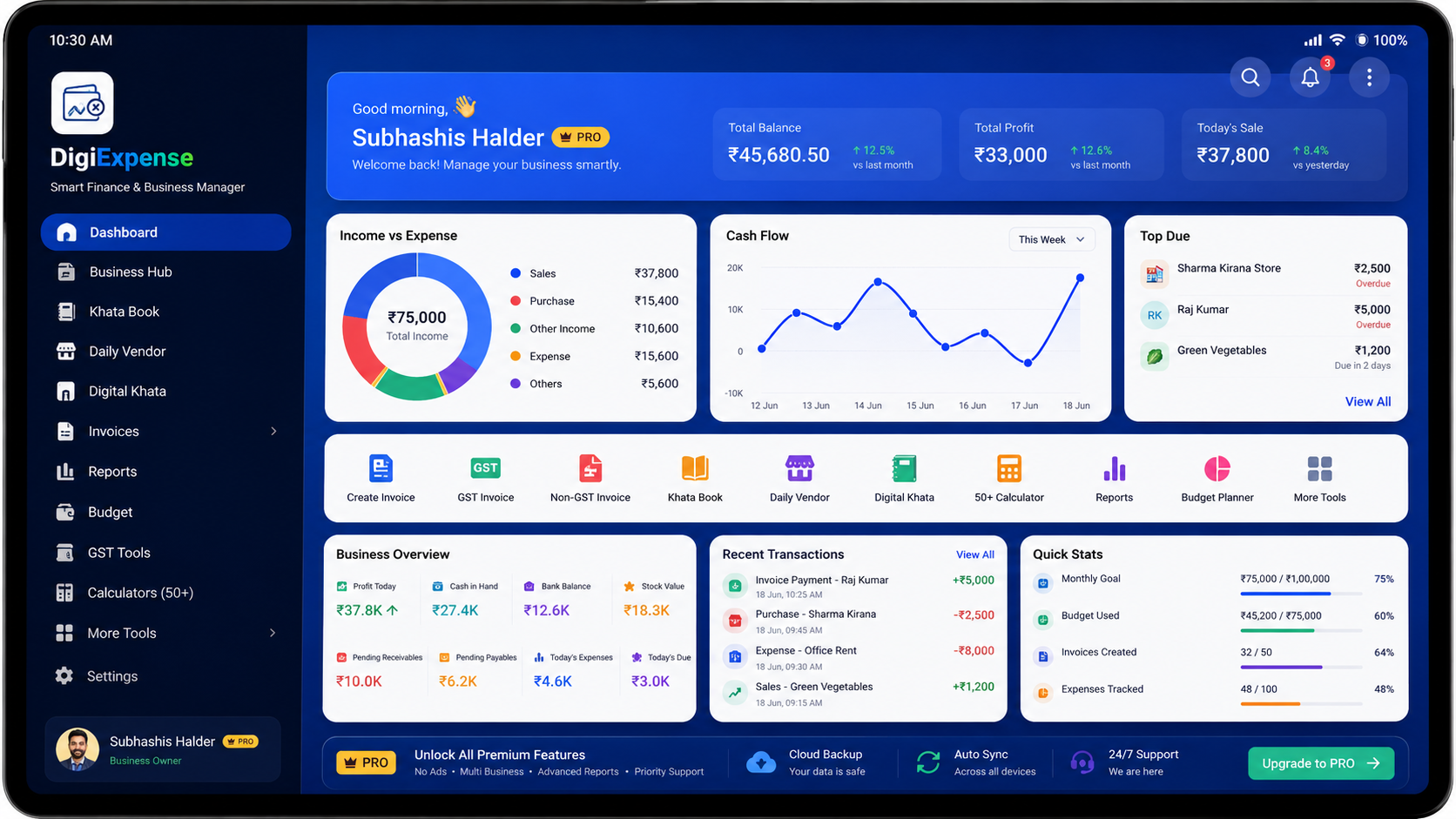 DigiExpense dark mode dashboard